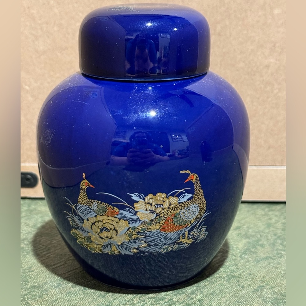Vintage Japanese Cobalt Blue Ginger Jar/Oriental Florals/ Peacocks
